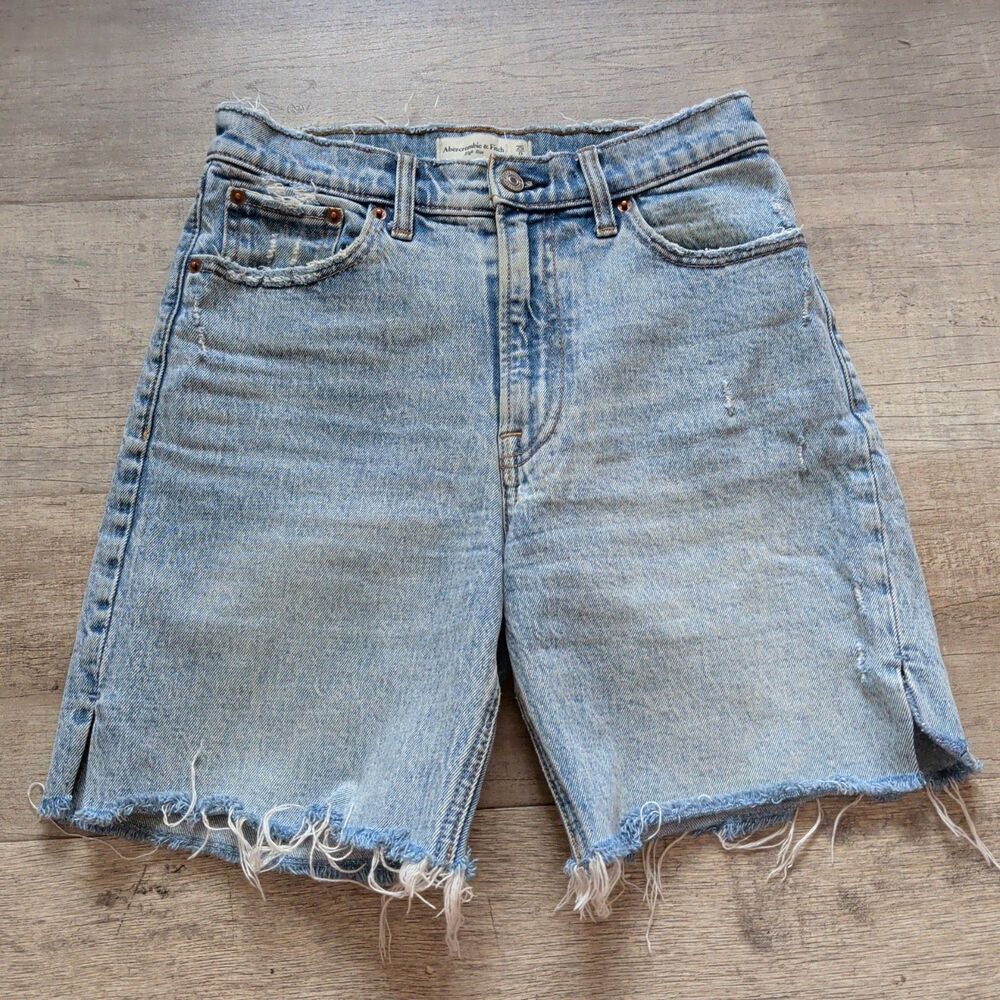 Abercrombie & Fitch Womens High Rise Denim Shorts Size 25 / 0 Distressed Raw Hem